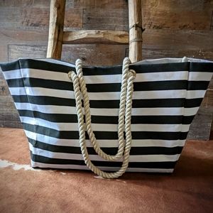 New Black White Stripe Weekender Travel Bag W Rope Handles